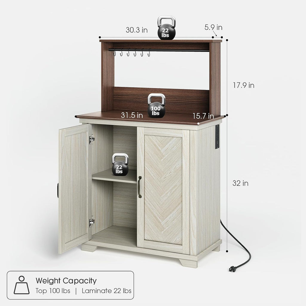 JOINICE Farmhouse Coffee Bar Cabinet with Storage and Charging, White | Herringbone Panel,31.5" Countertop Space,Loads To 100lbs,Open Top Shelf+Adjustable Shelf,USB/AC,6-Hook,Easy Assembly