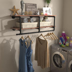 Industrial Pipe Clothing Rack with Top Shelf, Space-Saving Wall Mounted Clothes Rack 2 Tiers, Shelf with Hanging Rod for Closet Storage, Laundry Room. (2Tier, Brown)