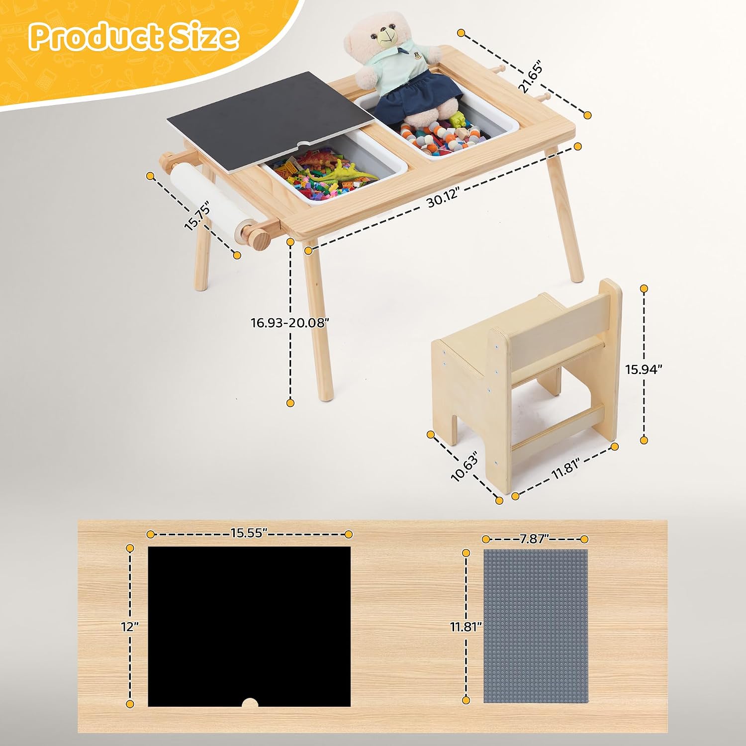 DOREROOM Sensory Toddler Table & Chair Set, Double-Side Graffiti, Natural | 2 Storage Bins & Roller holder, Sand & Water Tables with Building Block Base, For Playroom, Daycare, Classroom, Home, Ages 3+