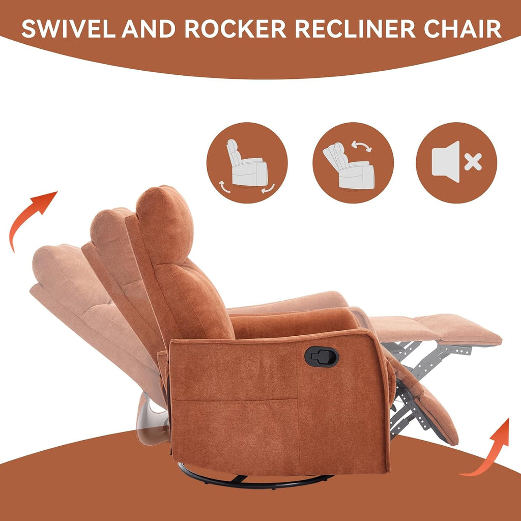 Anwick 360° Swivel Rocker Recliner Chair with Heat and Massage, Manual Upholstered Recliner for Small Spaces, Fabric Glider Nursery Chair with Side Pockets for Living Room (Orange)