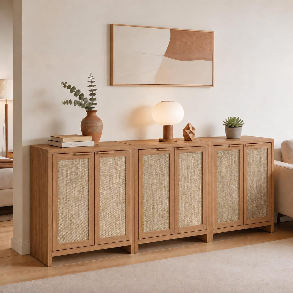 OAKHAM Home Rattan Sideboard Cabinet with Storage, Natural Oak, Set of 3 | Buffet Cabinet with 2 Soft-Close Doors, Adjustable Shelves and 110 lbs Top, For Living Room, Kitchen, Entryway