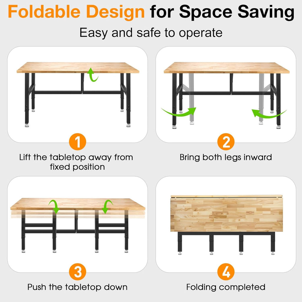 60” Folding Workbench, 2000 LBS Capacity Heavy Duty Workbench, Height Adjustable Foldable Work Table, Rubberwood Collapsible Desk for Workshop, Garage, Office, Home