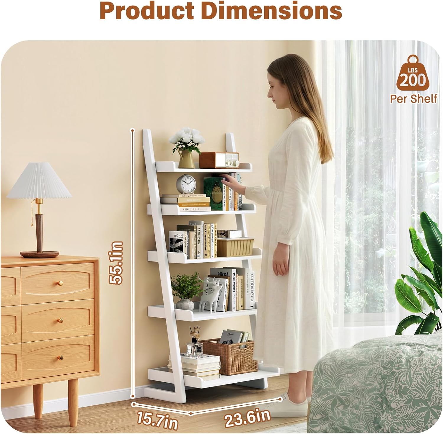 CozyDH Wooden Ladder Shelf, White Ladder Bookshelf Narrow 5-Tier,Ladder Shelf Bookcase Storage for Living Room, Bedroom, Home Office,23.6''Dx15.7''Wx55.1''H