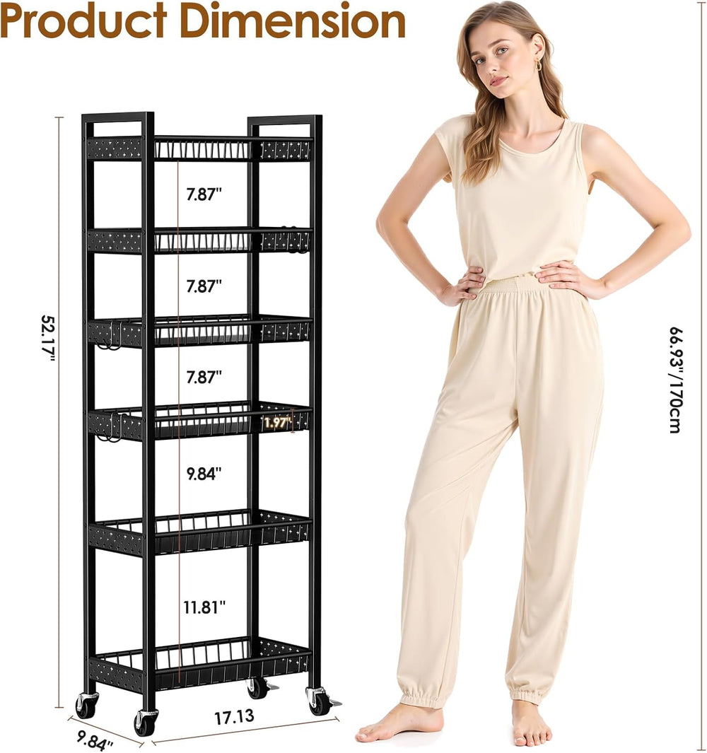 6 Tier Slim Storage Cart, Narrow Rolling Cart with Wheels, 10in(W) | Narrow M...