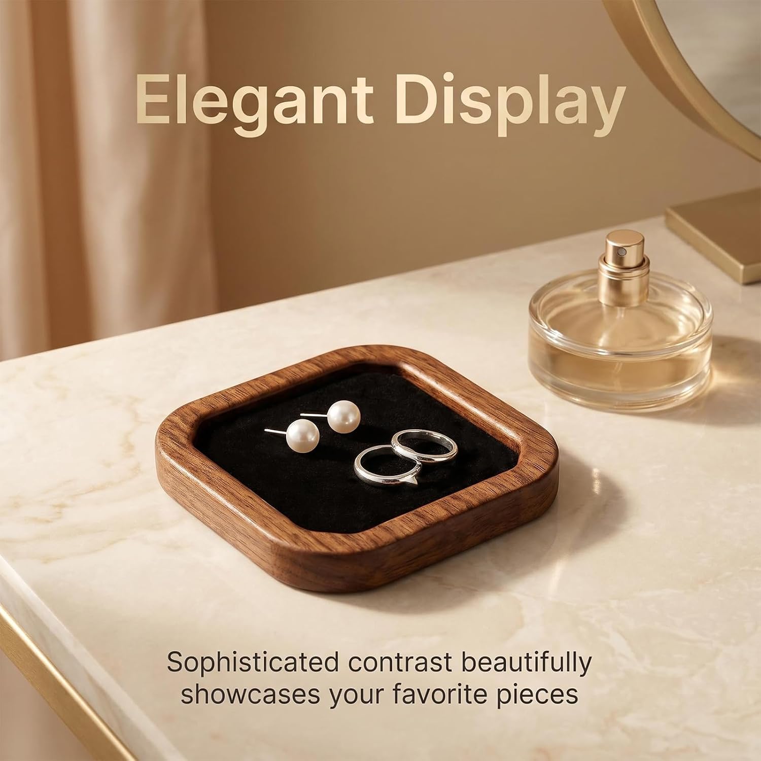 Wooden Jewelry Tray, Ring Holder Trinket Dish, Walnut Wood with Black Velvet Lining, 3.7 x 3.7 Inch, Square