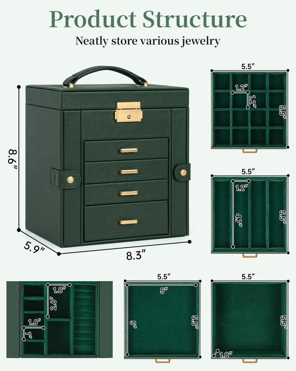 TORIBIO Jewelry Box for Women, Leather Jewelry Organizer with Mirror & Lock, 5-Tier Jewelry Storage Organizer with 4 Drawers for Girls/Women/Mothers, Necklace Earring Bracelets Holder Organizer