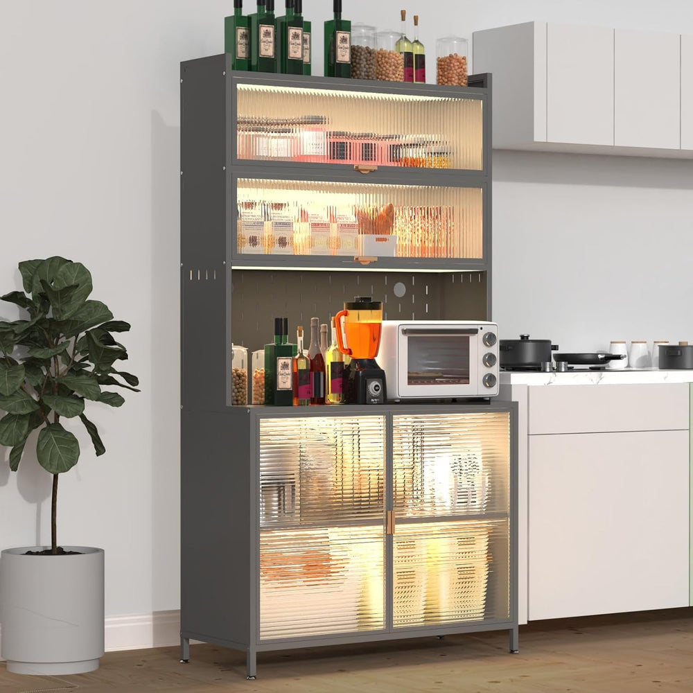 73'' Gray Tall Kitchen Pantry Cabinet, 6-Tier Metal Storage Cabinet w...