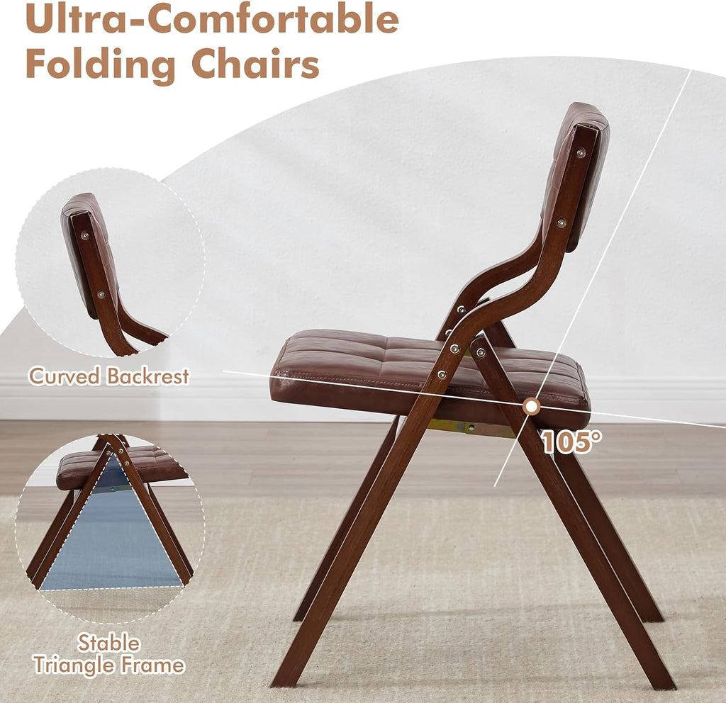 2-Pack Folding Dining Chairs with Cushion,Faux Leather Padded Foldable Dining Chairs,Portable Wooden Folding Chairs for Dining Rooms Kitchen Wedding and Party Indoor Brown