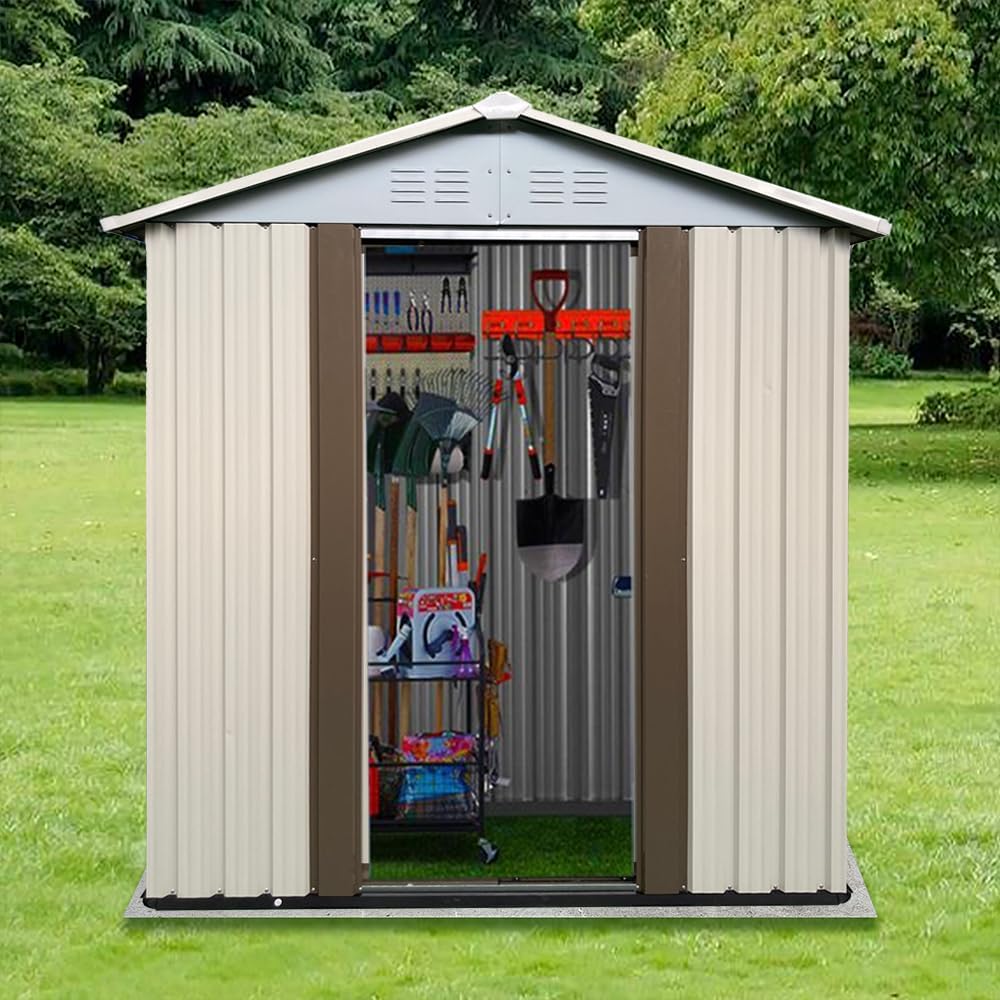 Ball & Cast 5x3 FT Outdoor Storage Shed, Metal Sheds with Punched Vents and Sliding Door, Waterproof Garden Tool Shed with Aluminum Frames and Sloped Roof for Backyard Patio,Cream White