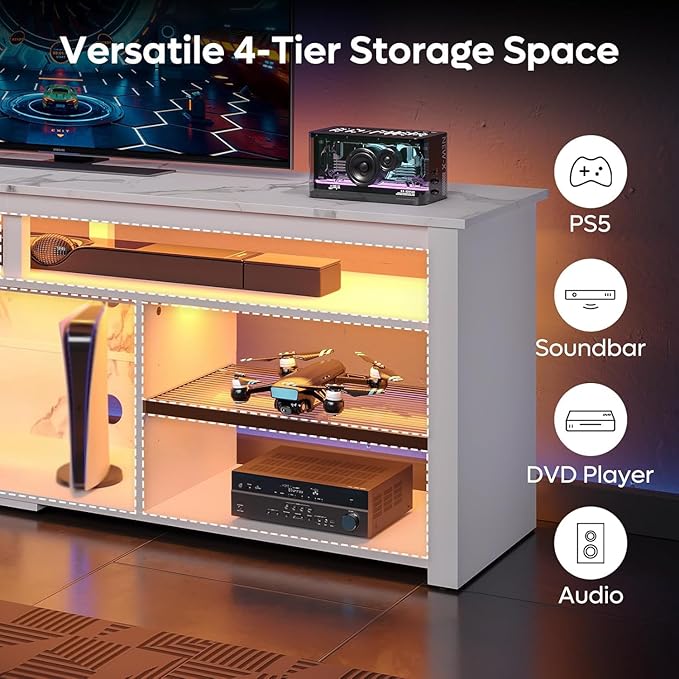 Bestier TV Stand for 75 inch TV, Tall LED Entertainment Center with Adjustable Shelf, Gaming TV Console with Storage for PS5, Modern TV Cabinet for Living Room Bedroom, White Marble