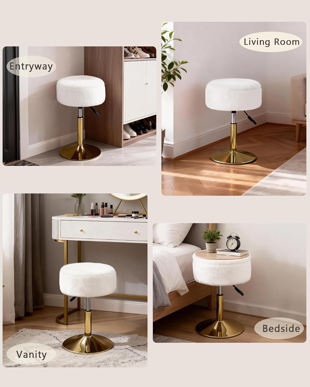 LITZFUR Gold Vanity Stool with Storage, Swivel Vanity Chair, White | Height Adjustable Makeup Stool, Faux Fur Small Round Ottoman Footrest for Bathroom, Bedroom