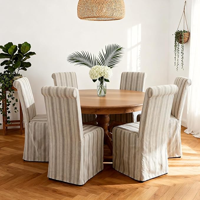 chairus Slipcovered Parsons Dining Chairs Set of 4, Upholstered Dining Room Chairs with Removable Linen Cover & High Back, Modern Farmhouse Wooden Side Kitchen Chairs, Khaki Stripe
