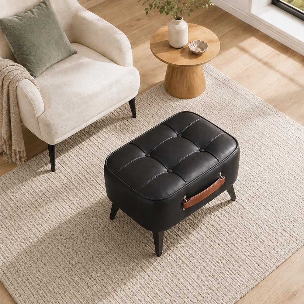 Vintage Style Faux Leather Ottoman Footstool - Wooden Frame, Upholstered Inte...