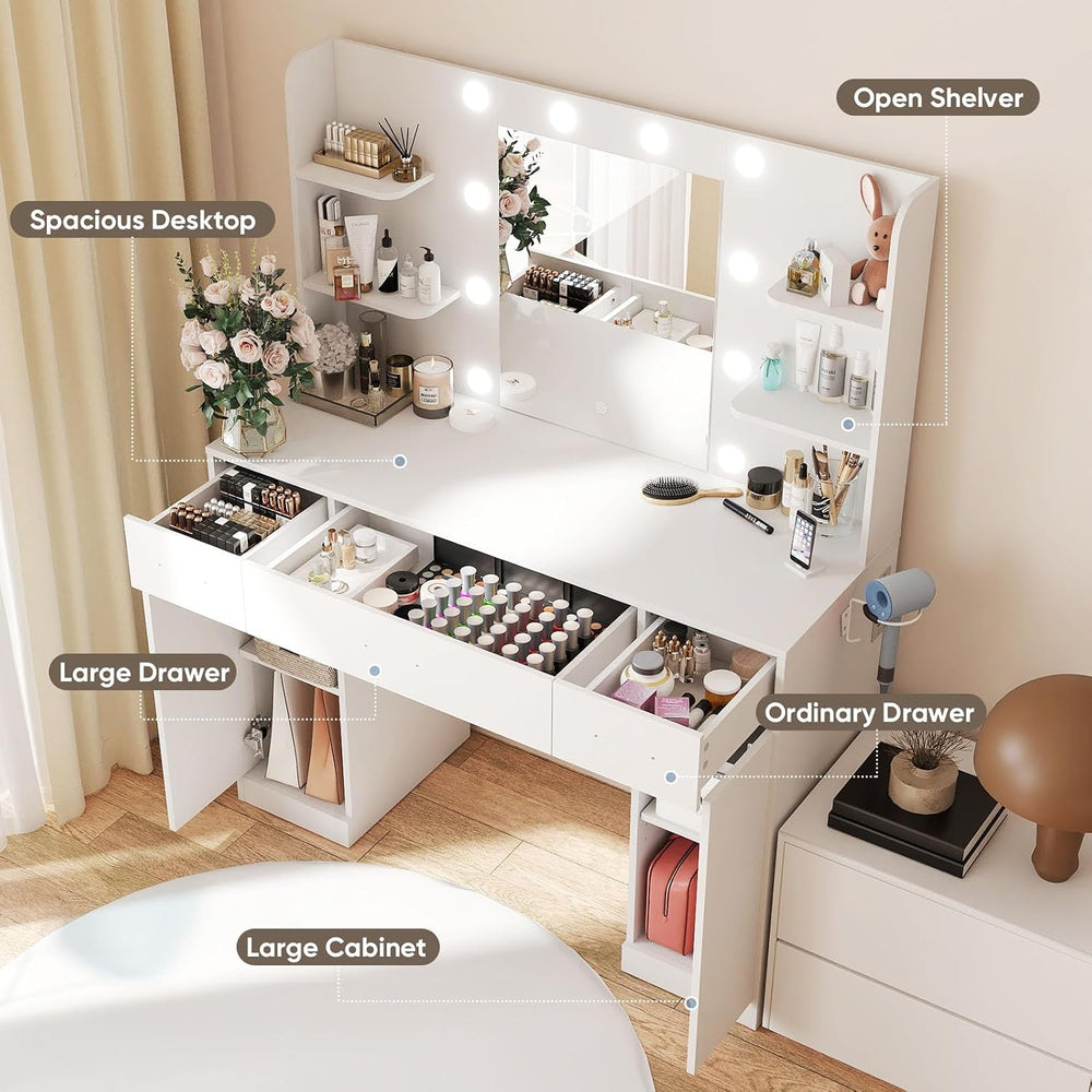 OLIXIS Vanity Desk with Mirror and LED Bulbs, Power Outlet Makeup Table with ...