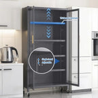 65" Kitchen Pantry Cabinet with Wheels & Adjustable Shelves, 6-Tier Metal Storage Cabinet with Transparent Doors for Kitchen, Dining Room, Living Room(Gray)