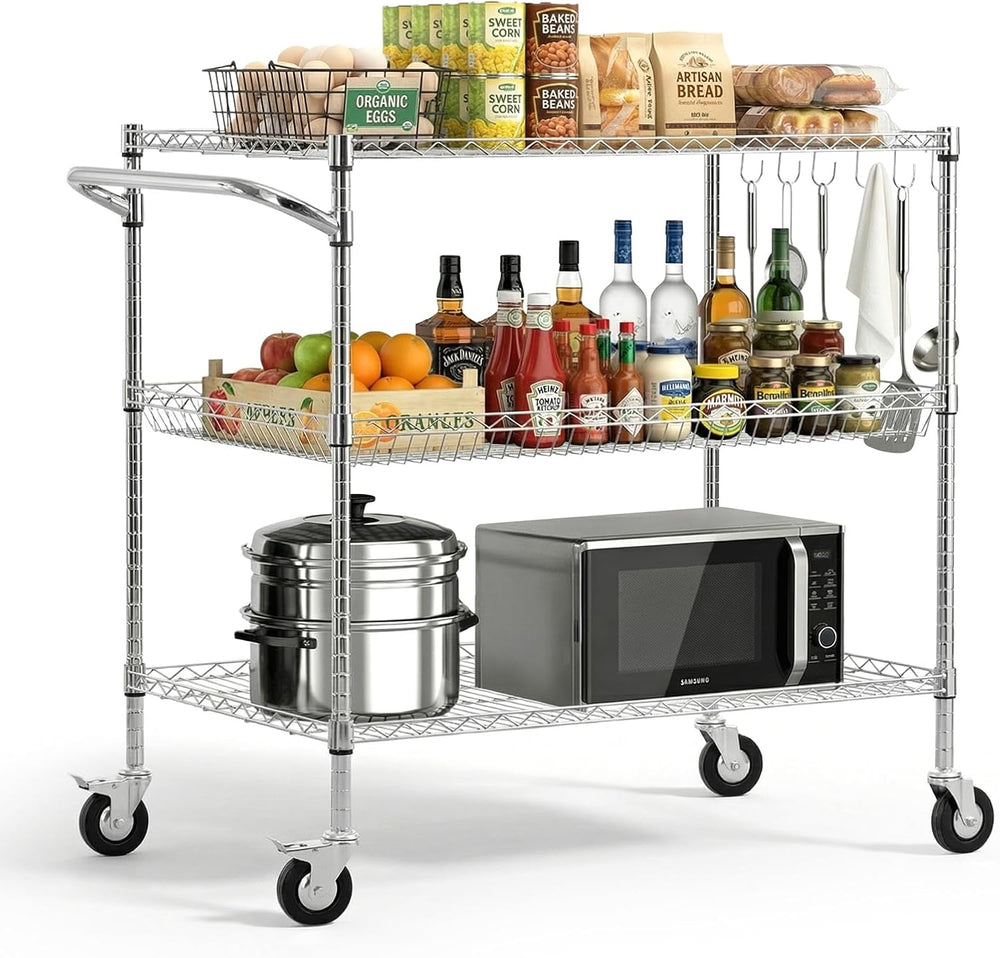 VEVOR Kitchen Utility Cart, 3 Tier Heavy Duty Adjustable Wire Storage Rack, C...