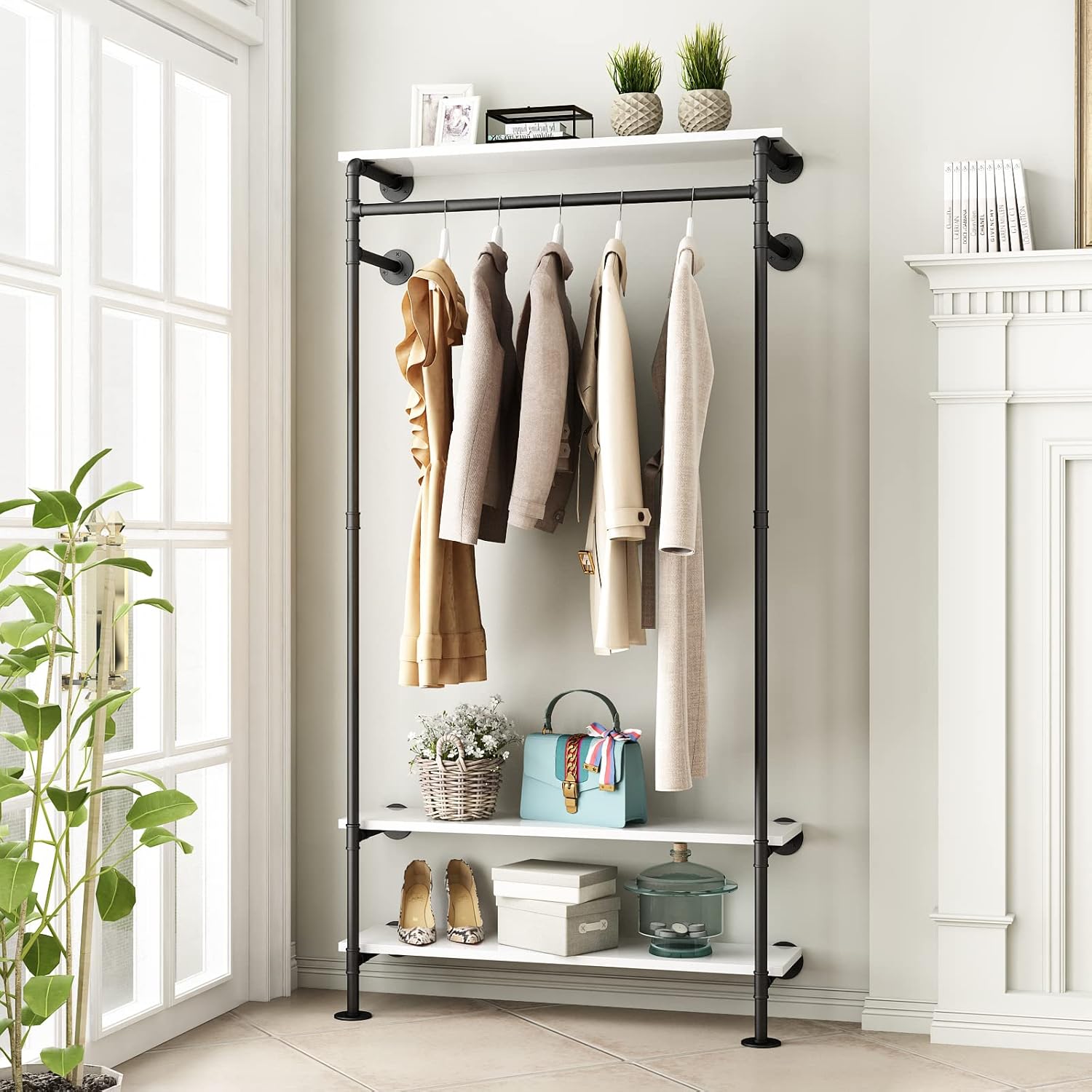 Industrial Pipe Clothing Racks with Shelves, Wall Mounted Clothes Rack for Hanging Rods, Heavy Duty Black Clothing Racks With Three Shelves Retail Display Garment Rack for Home