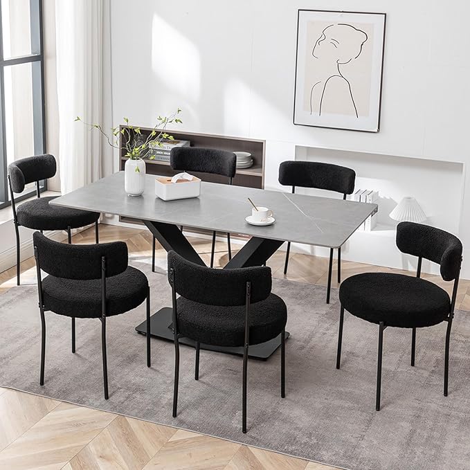 Black Boucle Dining Chairs Set of 2, Upholstered Dining Room Chairs with Blac...