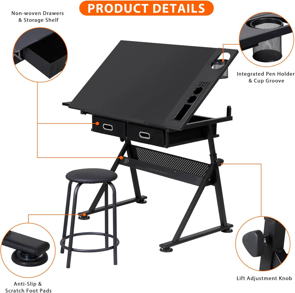 LEMY Drafting Table Art Desk, Height Adjustable Drawing Table Tilting Tableto...