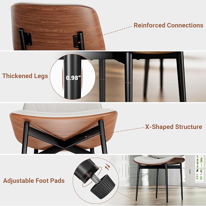 Dining Chairs Set of 6, Dining Room and Kitchen Chairs, Mid Century Modern Accent Chair, Upholstered PU Leather Chairs for Vanity with Walnut Bentwood and Metal Legs, Beige