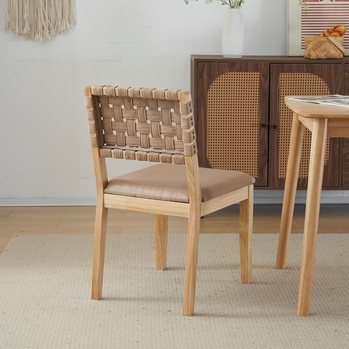 VINGLI Khaki Woven Wooden Dining Chairs Set of 4,Armless Mid Century Modern Desk Chairs with Rivet&Foot Pegs,Upholstered Farmhouse Comfy Chair No Wheels for Dining Room,Living Room,Kitchen,Oak,Suede