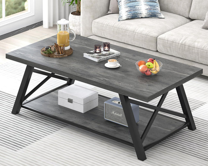 EXCEFUR Coffee Table, Industrial Wood and Metal Center Table for Living Room, Rectangle Cocktail Tea Table with Storage Shelf, Rustic Grey, 47 Inch