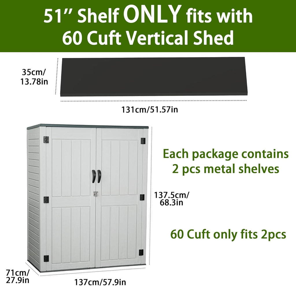 EHHLY Vertical Resin Storage Shed with 2 Shelves, 60 Cuft Garden Tool Sheds & Outdoor Storage, Plastic Outdoor Storage Cabinet Waterproof, 4.5 x 2.3 ft Outside Lawn Mower Storage Shed, Light Grey