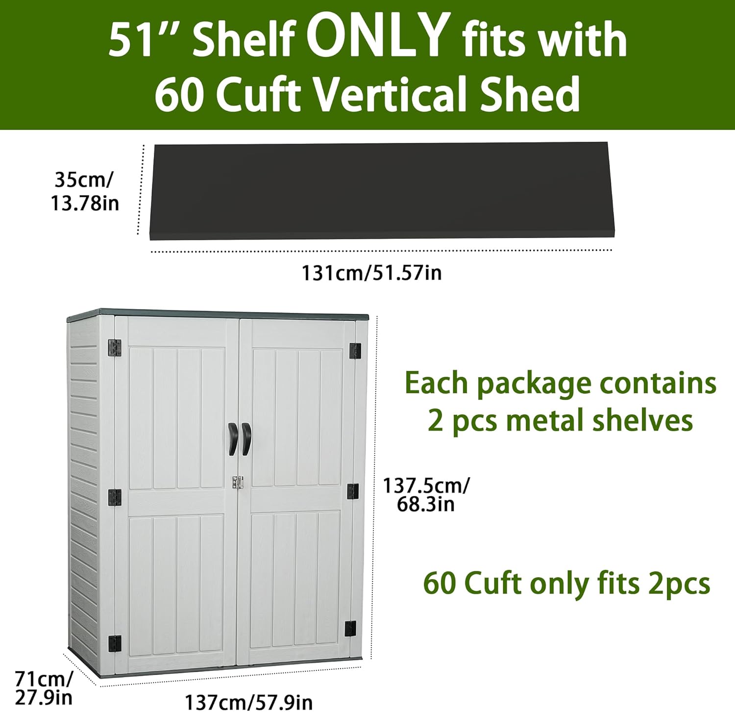 EHHLY Vertical Resin Storage Shed with 2 Shelves, 60 Cuft Garden Tool Sheds & Outdoor Storage, Plastic Outdoor Storage Cabinet Waterproof, 4.5 x 2.3 ft Outside Lawn Mower Storage Shed, Light Grey