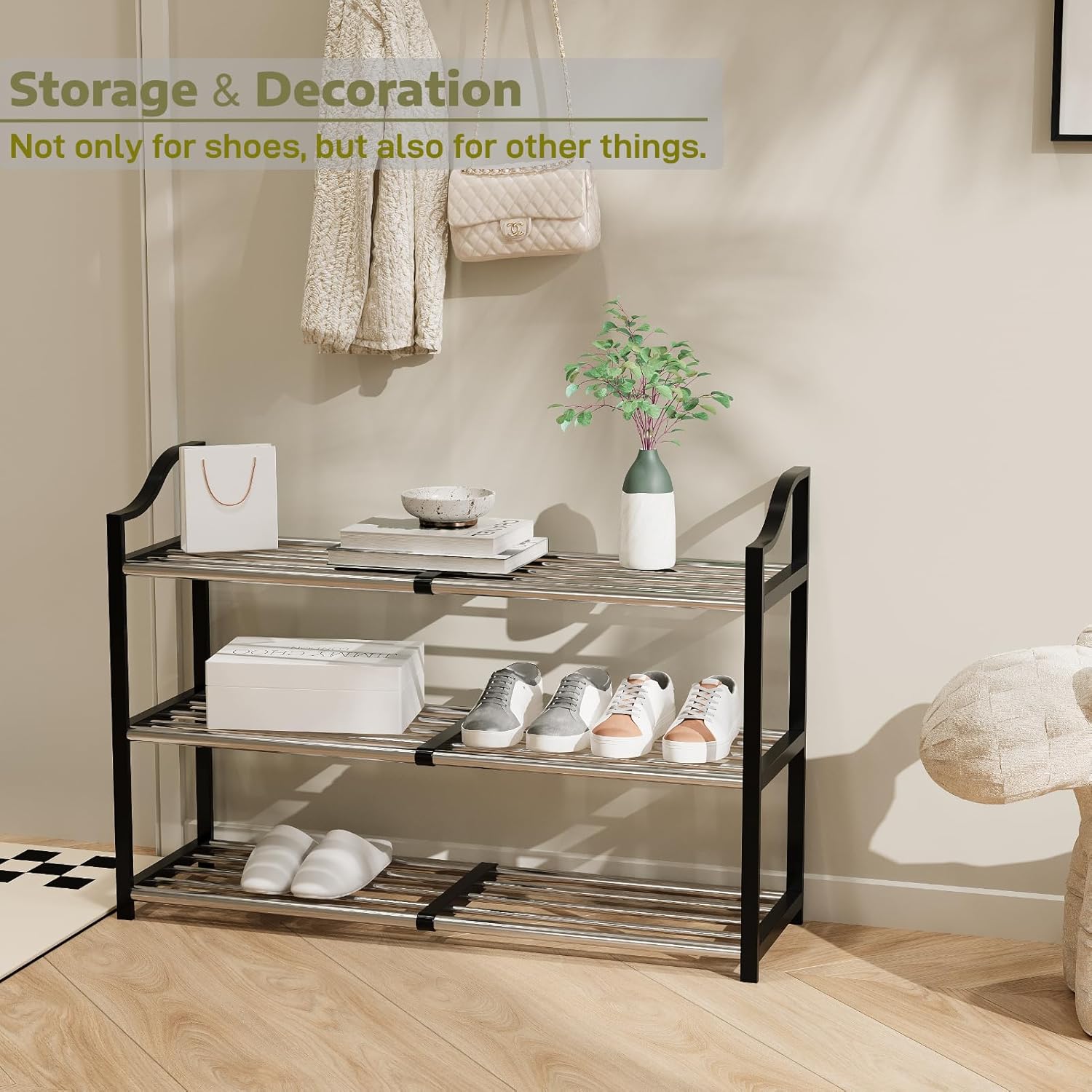 3-Tier Shoe Rack Expandable Shoe Rack for Closet Small Shoe Storage Rack for Entryway Adjustable Shoe Shelf for Small Space, Metal Shoe Organizer for Garage, Front Door Entrance
