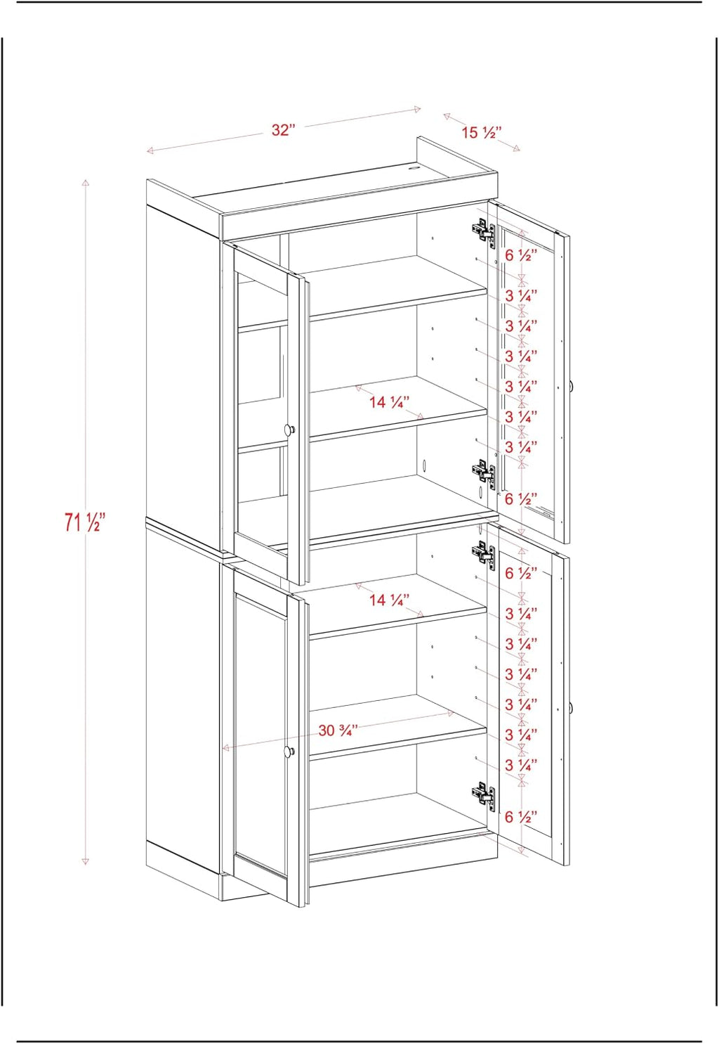 Palace Imports Solid Wood Tall Pantry Cabinet – 71.5" H x 32" W – Navy Blue Wooden Storage Cabinet for Kitchen w/Clear Glass/Shaker Doors, 4 Adjustable Shelves, 100% Eco-Friendly Wood, Made in Brazil