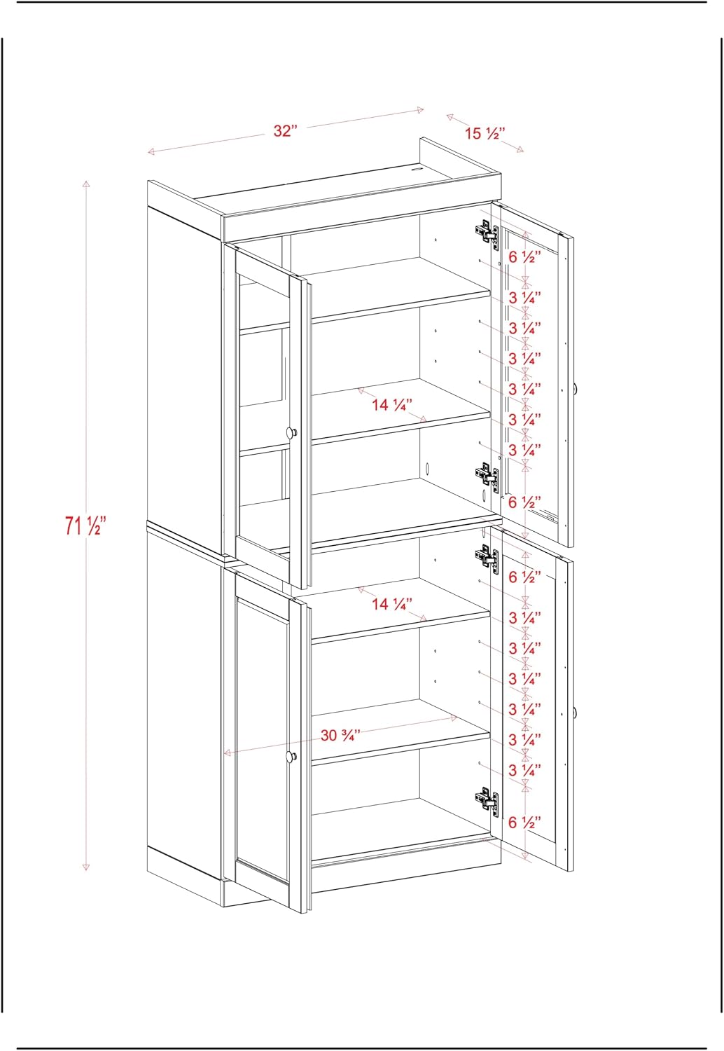 Palace Imports Solid Wood Tall Pantry Cabinet – 71.5" H x 32" W – Navy Blue Wooden Storage Cabinet for Kitchen w/Clear Glass/Shaker Doors, 4 Adjustable Shelves, 100% Eco-Friendly Wood, Made in Brazil