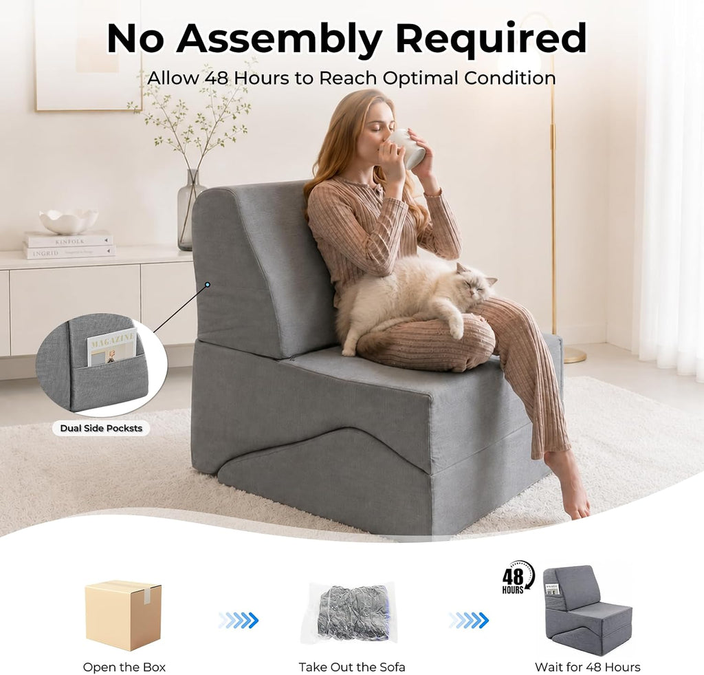 Yoga Chaise Lounge Chair Indoor, 3-in-1 Convertible Boneless Couch Bed | Corduroy Floor Sofa with Memory Foam, Zero Gravity Curved Design, No Assembly Required, for Bedroom, Living Room, Reading