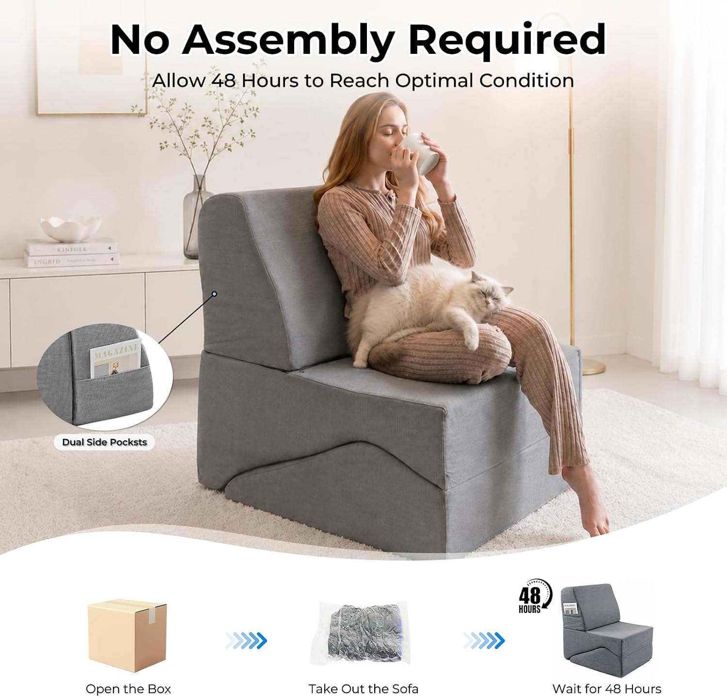 Yoga Chaise Lounge Chair Indoor, 3-in-1 Convertible Boneless Couch Bed | Corduroy Floor Sofa with Memory Foam, Zero Gravity Curved Design, No Assembly Required, for Bedroom, Living Room, Reading