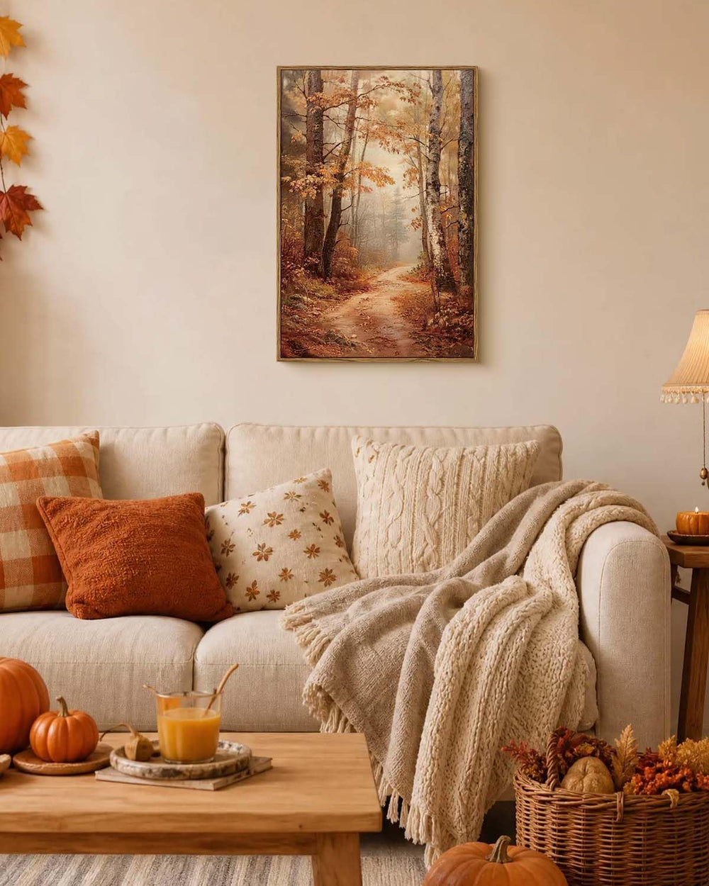 Autumn Forest Framed Canvas Wall Art 16x24 Trees Leaves Trail Artwork, Woodla...