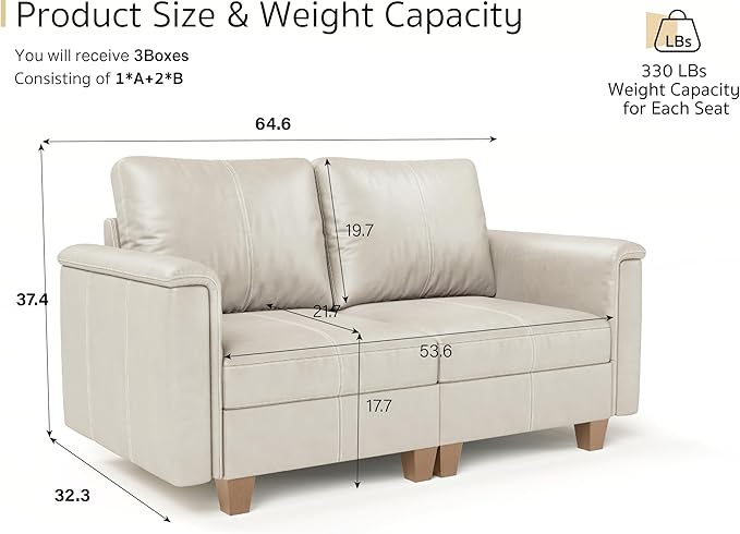 SITJOY 65" Faux Leather Modular Sectional Sofa with Storage, Mid Century Modern Sectional Couches for Living Room, Soft Padded Armrests, Loveseat Sofa, Greige