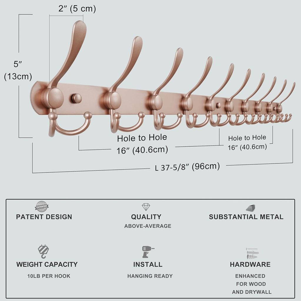 Dseap Coat Rack Wall Mount - 38” Long 10-Tri-Hooks Heavy Duty Coat Hanger Rail Wall Hooks for Hanging Coats Hats Clothing Clothes Purse Mudroom Entryway, Rose Gold
