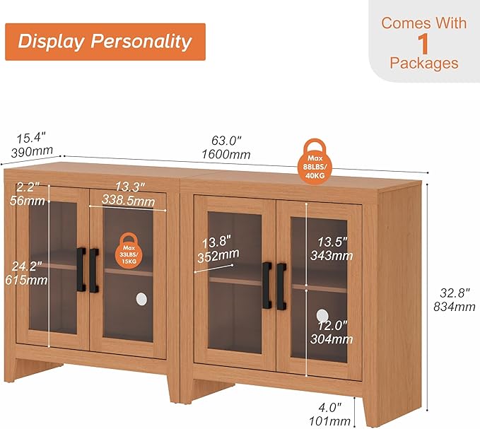 WAMPAT Farmhouse TV Stand for TVs up to 65”, Rustic Wood Entertainment Center with Adjustable Shelf, Glass Doors & Storage, Media Console Cabinet for Living-Room, Bedroom, Mocha
