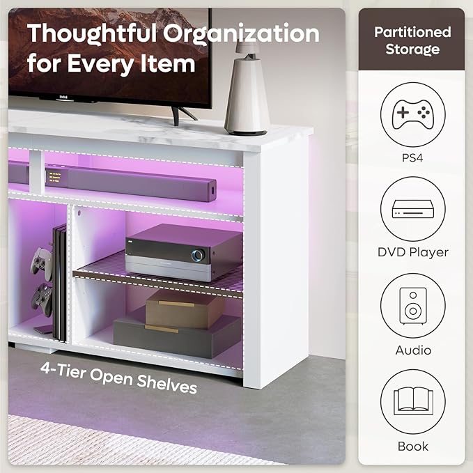 Bestier LED Tall Entertainment Center for PS4, 55 inch TV Stand for 55/60/65 inch TV, TV Console with Storage, Media TV Cabinet with Adjustable Shelf for Living Room, White Marble