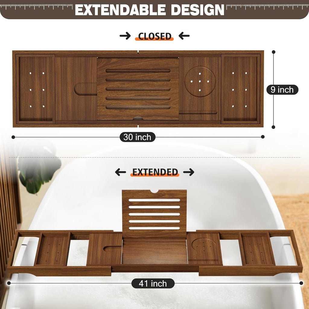 Wooden Bathtub Tray for Luxury Bathroom, Expandable Premium Teak Bath Tray, Adjustable Bath Accessories for Tub, as Unique Housewarming, Holiday, Birthday Gifts