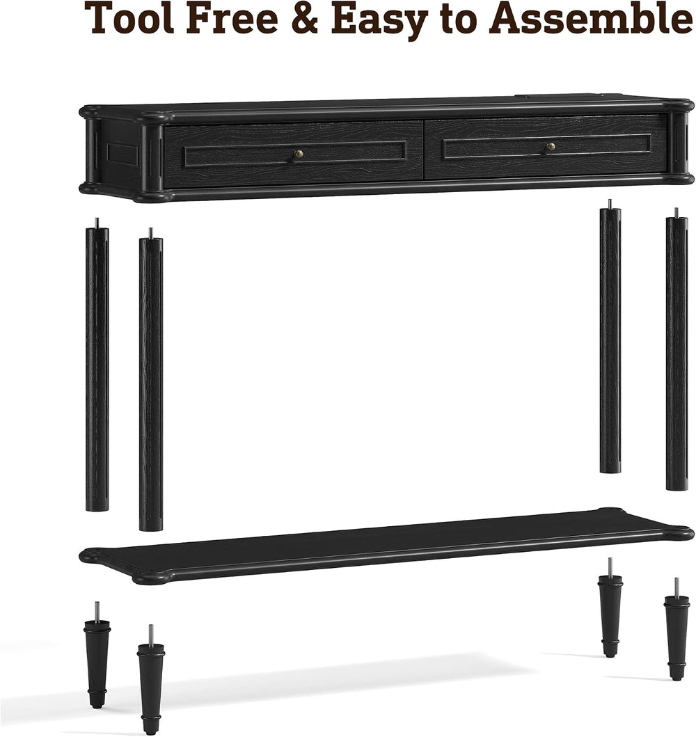 Solid Wood Console Table for Entryway with Charging Station, 2 Drawers | Retr...