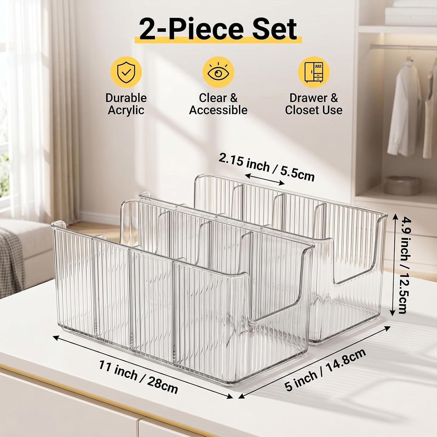 Acrylic Belt Organizer, 2 Pack Clear Belt Storage Box with 4 Adjustable Compartments, Stackable Durable Acrylic Belt Holder, Anti-Scratch Belt Display Case for Closet and Drawer Organization