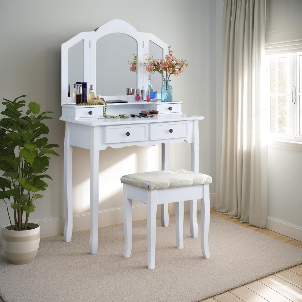 Montary Makeup Vanity Desk with 3-Panel Mirror, Wooden Vanity Dressing Table ...