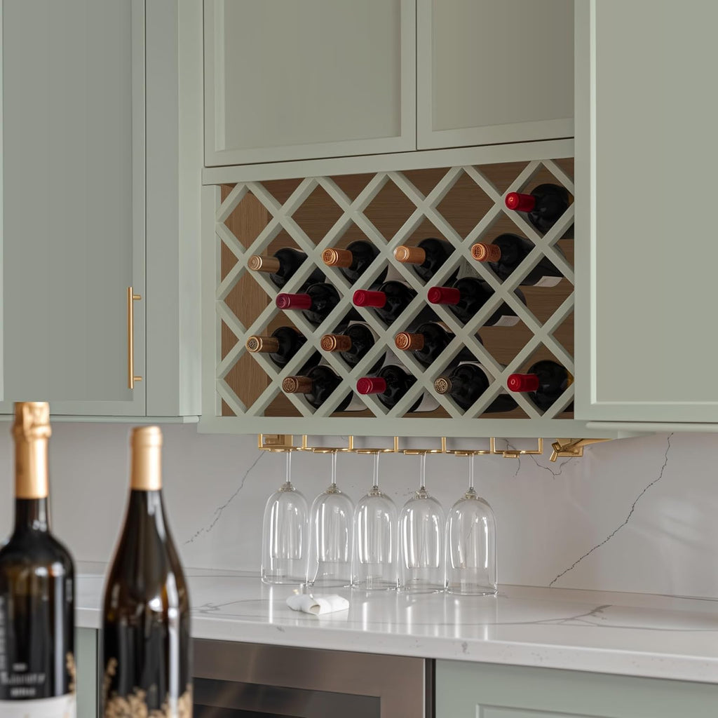 Solid Wood RTA Wine Bottle Rack Wall Cabinet with Lattice Panels - Wine Storage for Bar, Pantry, Cellar - Mocha (Jade Green, 30'W 12'D 15'H)