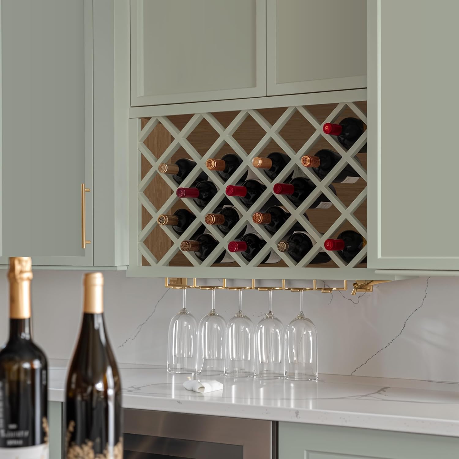 Solid Wood RTA Wine Bottle Rack Wall Cabinet with Lattice Panels - Wine Storage for Bar, Pantry, Cellar & Countertop - Mocha (Jade Green, 30'W 12'D 18'H)
