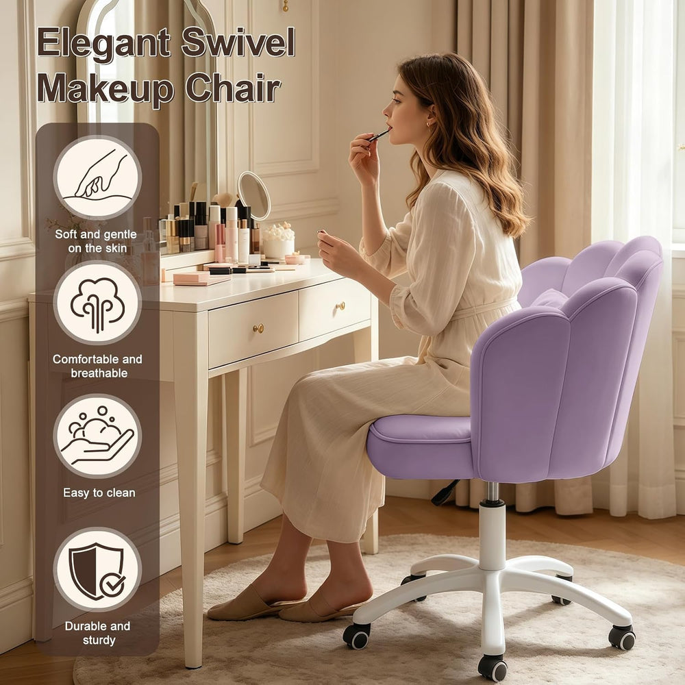 Petal Desk Chair with Bow Cushion Velvet Vanity Chair with Wheels, Upholstere...