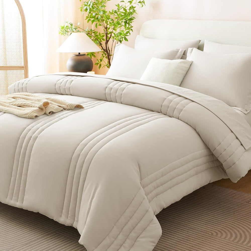Queen Comforter Set Beige - 7 Pieces Vertical Quilted Bed in a Bag