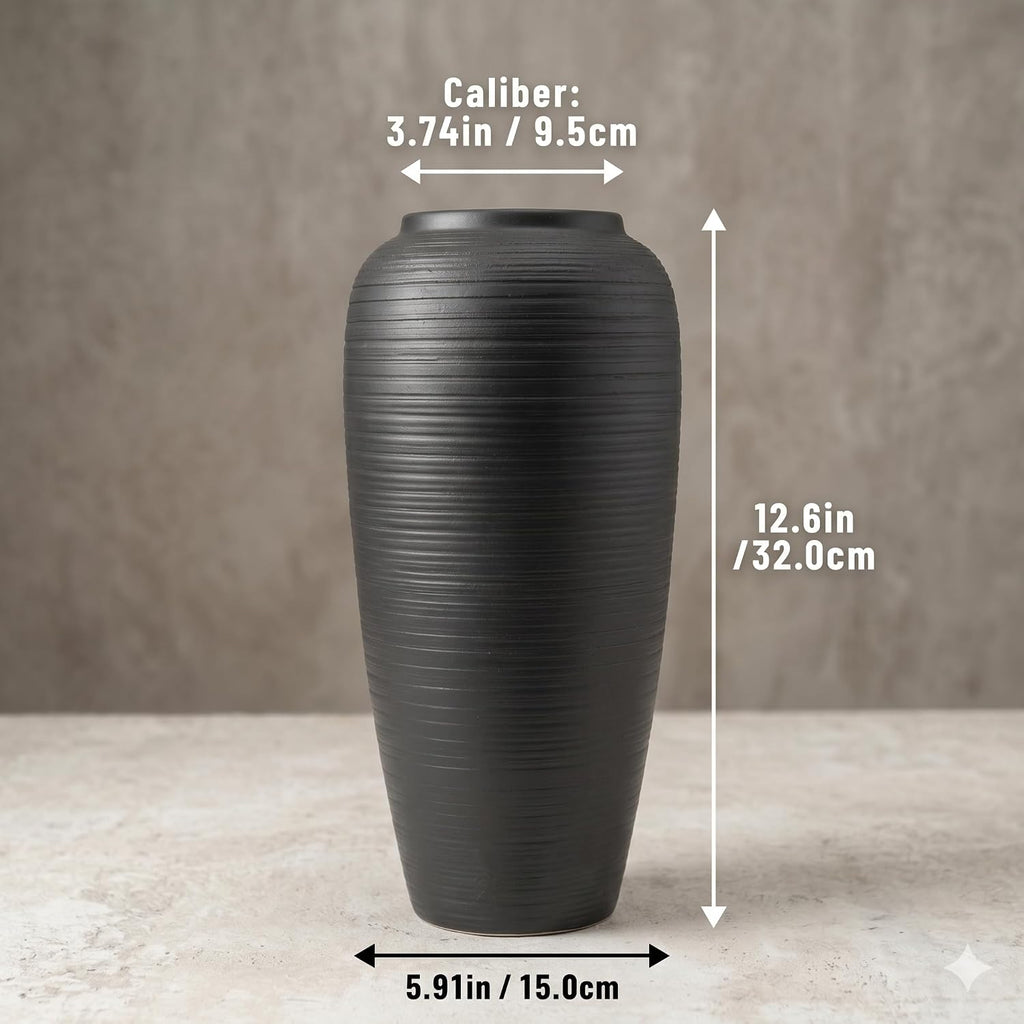 12.6" Large Matte Black Ceramic Vase, Modern Minimalist Centerpiece | Elegant matte black ribbed clay vase. Modern minimalist centerpiece, rustic farmhouse & boho decor for mantel and shelf.