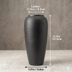 12.6" Large Matte Black Ceramic Vase, Modern Minimalist Centerpiece | Elegant matte black ribbed clay vase. Modern minimalist centerpiece, rustic farmhouse & boho decor for mantel and shelf.