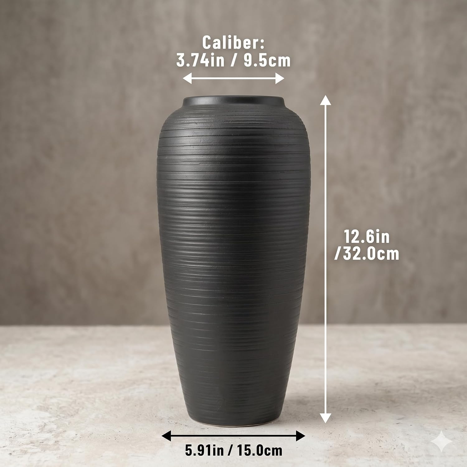 12.6" Large Matte Black Ceramic Vase, Modern Minimalist Centerpiece | Elegant matte black ribbed clay vase. Modern minimalist centerpiece, rustic farmhouse & boho decor for mantel and shelf.
