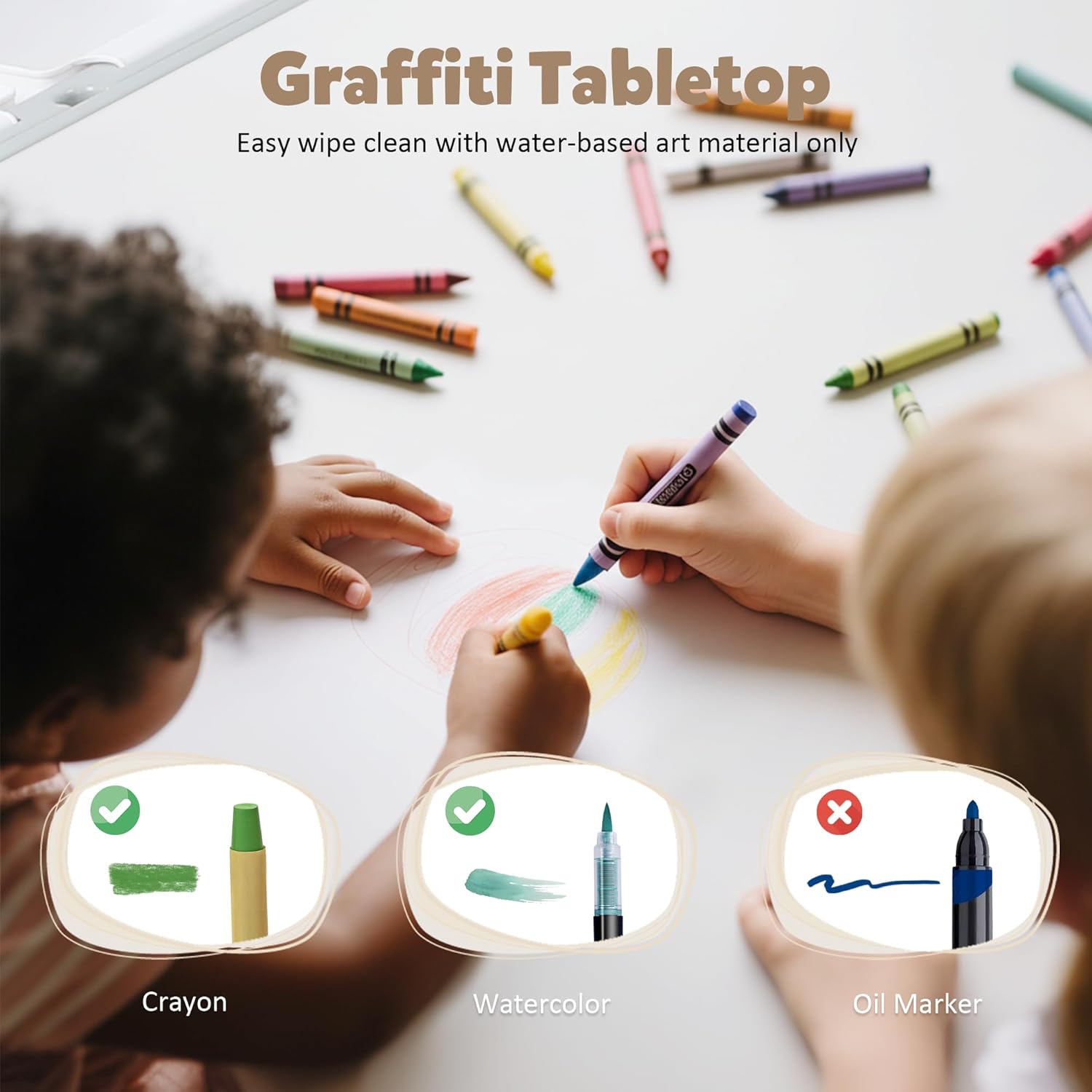 Kids Table and Chairs Set Large Storage, Height Adjustable Toddler Activity Table and 2 Chairs Set, 34.6x24.8" Graffiti/Block Building Desktop, 4 Side Boxes, Kids desk for Home, Preschool, Classroom